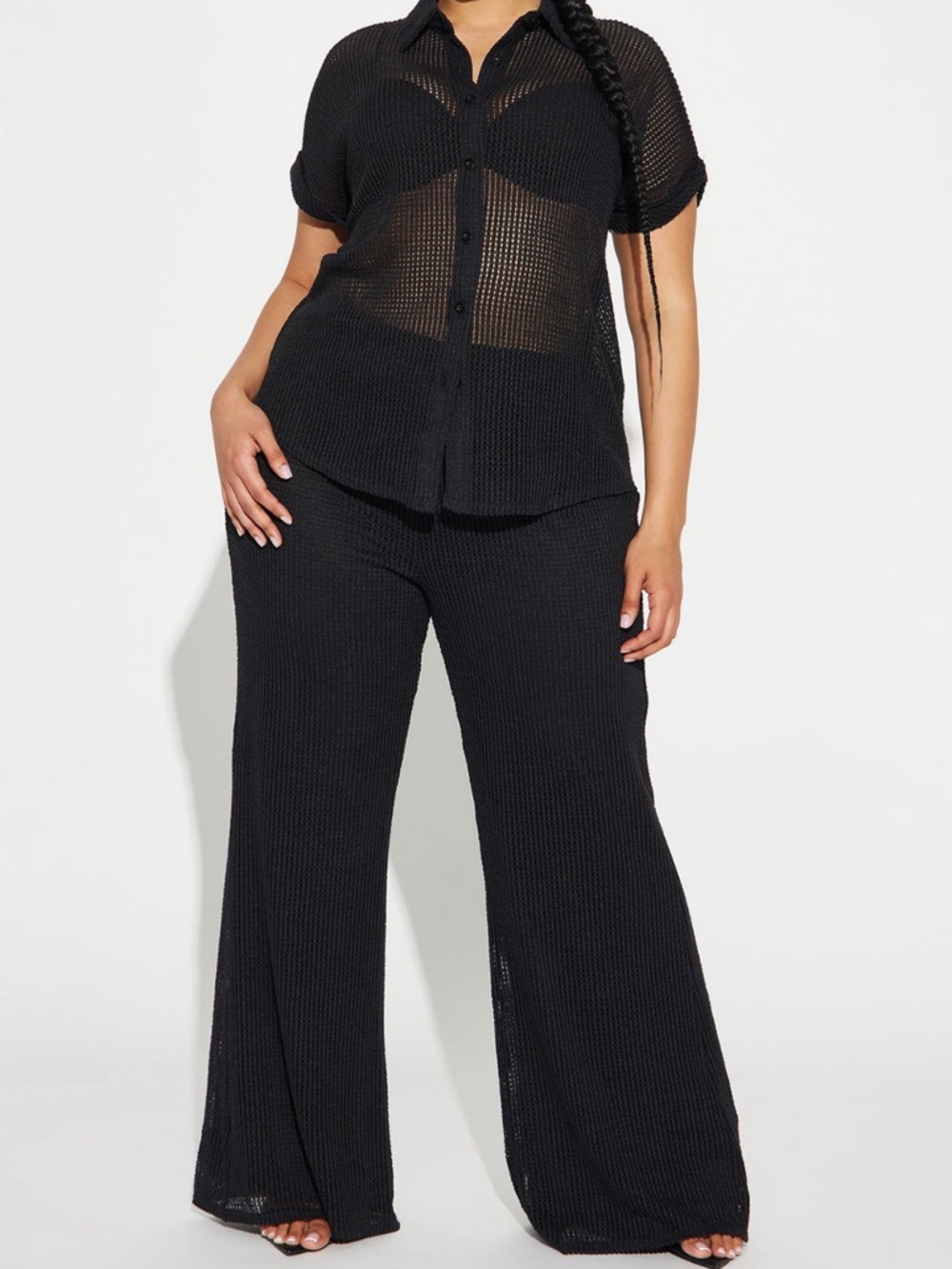 Fashion Nova Black Sheer Knit Button-Up Top & Wide Leg Pants Set